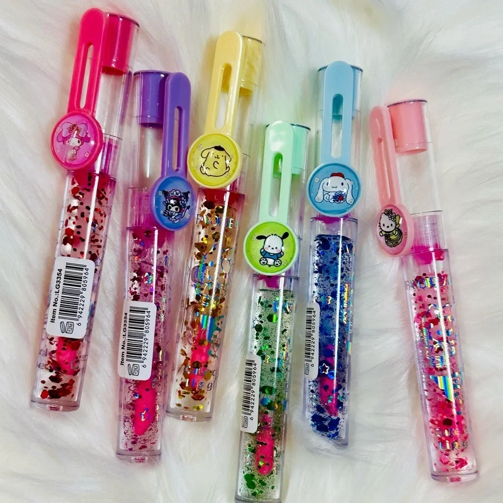 Sanrio Glitter Lip Gloss Set of 6 - Pink, Yellow, Purple, Green, Blue, Black